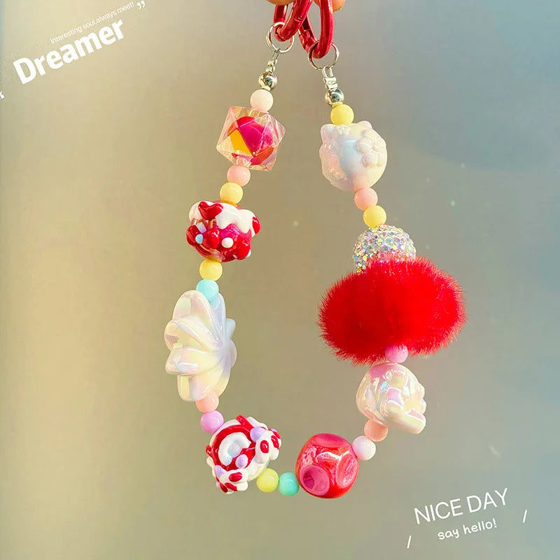 Winter fur ball big cyclone mobile phone chain beaded keychain pendant bag pendant xiaohongshu same style mobile phone pendant - 图片 3