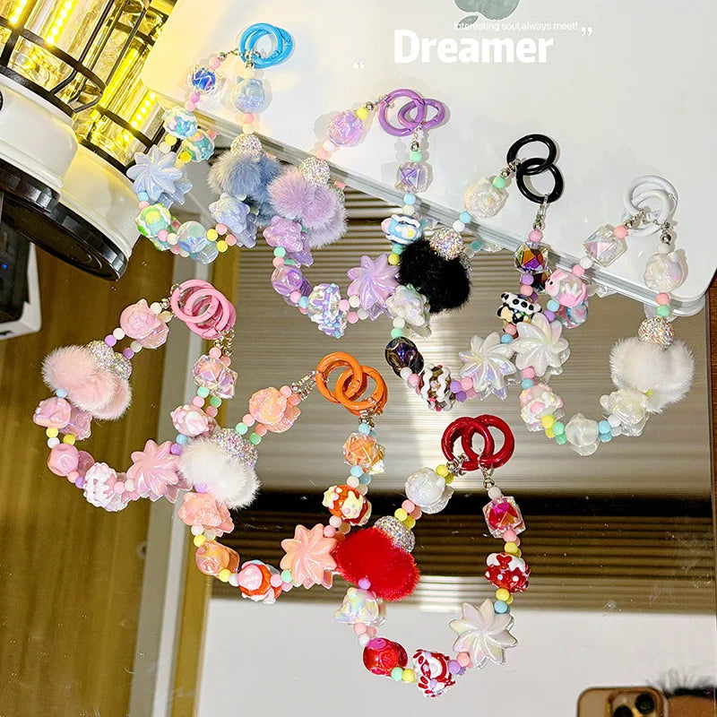 Winter fur ball big cyclone mobile phone chain beaded keychain pendant bag pendant xiaohongshu same style mobile phone pendant - 图片 2